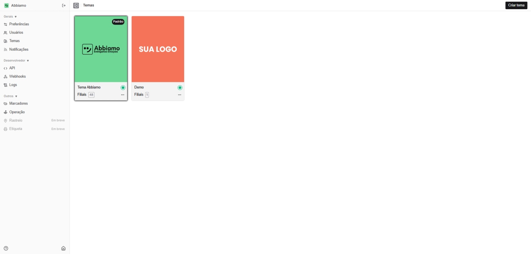 Listagem de temas no dashboard