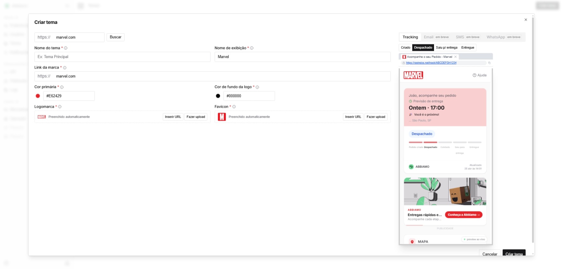 Criação de tema com Marvel — preview no status Despachado
