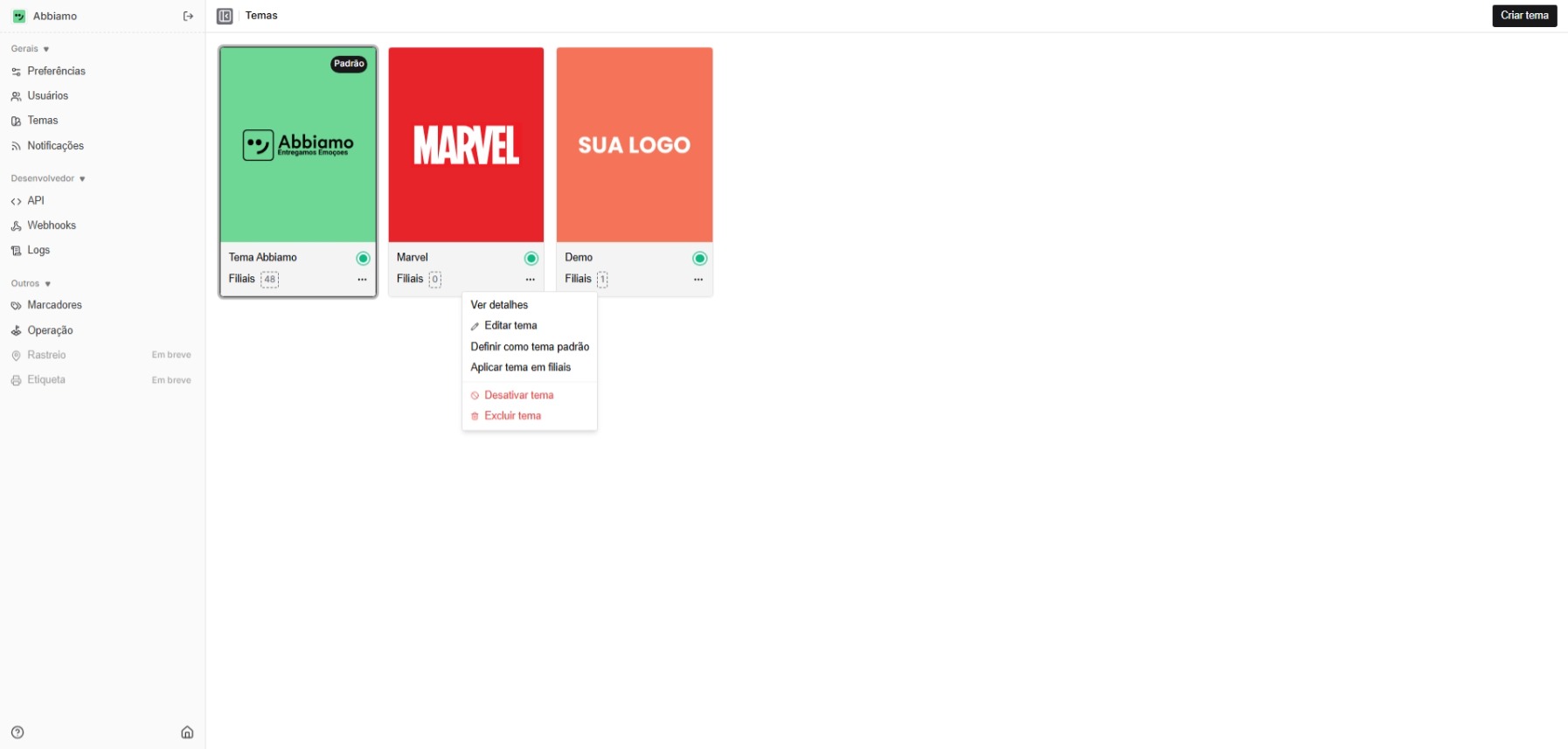 Menu com opções do tema